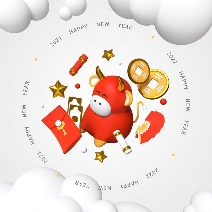 2021 Happy Chinese New Year Clipart of Red Ox, Gold Stars