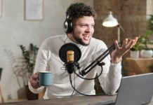 How to Start a Political Podcast Young man in headphones using microphone and recording podcast. Learn how to start your own political podcast & make money