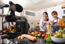How to Start a YouTube Channel for Cooking Mother and daughter blogger vlogger and online influencer recording video content on healthy food. YouTube channel creation guide.
