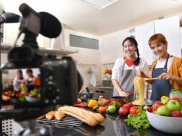 How to Start a YouTube Channel for Cooking Mother and daughter blogger vlogger and online influencer recording video content on healthy food. YouTube channel creation guide.