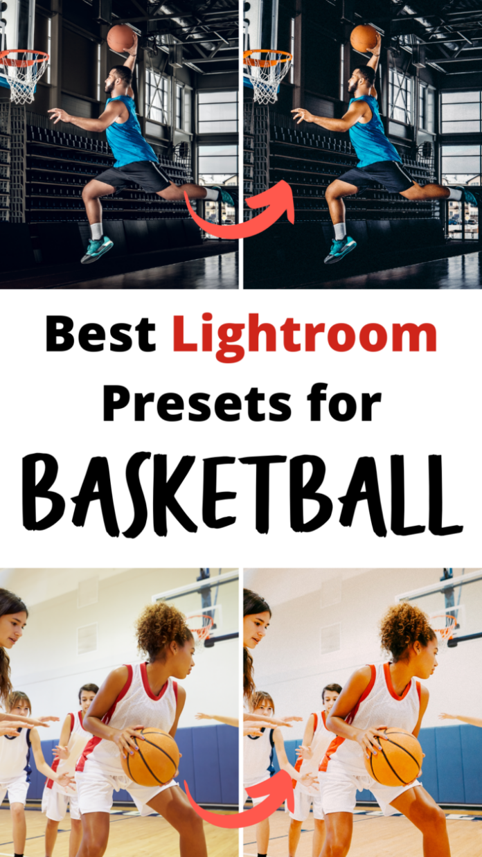 Best Lightroom Presets for Basketball. Before and after examples of photos edited by mobile presets: a picture of a man doing a slam dunk, and a photo of young women playing basketball