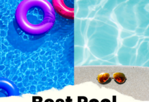 Top 20 Best Pool Lightroom Presets Best Pool Lightroom Presets, with four photos that have been edited by a mobile preset (pool with floats, sunglasses next to a pool, pool at a resort, and pool with yellow flowers nearby)