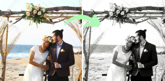 Top 65 Best Black and White Lightroom Presets Best Black and White Lightroom Presets for Mobile and Desktop - 2 examples of color photos (of a woman and of a bride and groom) edited with a mobile Lightroom preset