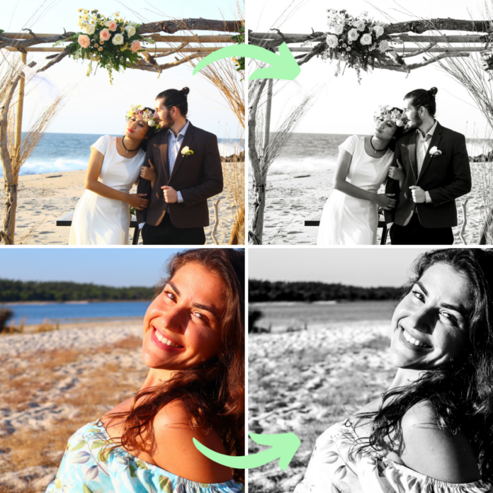 Best Black and White Lightroom Presets for Mobile and Desktop - 2 examples of color photos (of a woman and of a bride and groom) edited with a mobile Lightroom preset