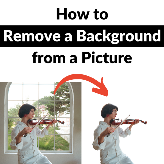 How to remove a background from a picture. Example of a photo of a woman playing the violin - first is the before example with a window in the background, and second is the after example with no background.