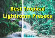 Top 75 Best Tropical Lightroom Presets Before and after examples of a photo of a waterfall edited with one of the best tropical mobile Lightroom presets