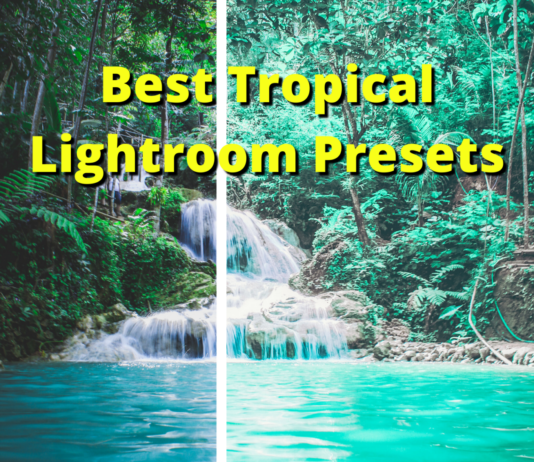 Top 75 Best Tropical Lightroom Presets Before and after examples of a photo of a waterfall edited with one of the best tropical mobile Lightroom presets