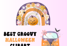 25 Groovy Halloween Clipart Perfect for Your Spooky Designs Best Groovy Halloween Clipart with examples of rainbow with flowers over jack-o-lantern and pumpkin, bat and spiderweb around van