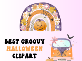 25 Groovy Halloween Clipart Perfect for Your Spooky Designs Best Groovy Halloween Clipart with examples of rainbow with flowers over jack-o-lantern and pumpkin, bat and spiderweb around van