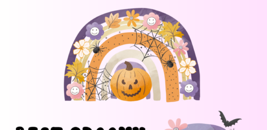 25 Groovy Halloween Clipart Perfect for Your Spooky Designs Best Groovy Halloween Clipart with examples of rainbow with flowers over jack-o-lantern and pumpkin, bat and spiderweb around van