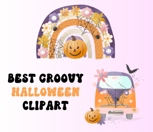 25 Groovy Halloween Clipart Perfect for Your Spooky Designs Best Groovy Halloween Clipart with examples of rainbow with flowers over jack-o-lantern and pumpkin, bat and spiderweb around van