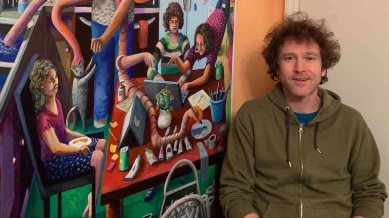 Artist Leif Larson of Oshkosh at home in his kitchen artist’s studio with his painting “Family Life During A Pandemic.” Artist Leif Larson of Oshkosh at home in his kitchen artist’s studio with his painting “Family Life During A Pandemic.”