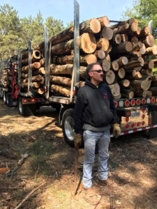 Man standing behind truck loaded with logs