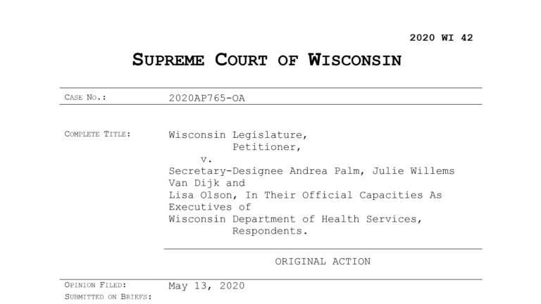 Front page of the Supreme Court's decision striking down the Evers administration's Safer at Home order. Front page of the Supreme Court's decision striking down the Evers administration's Safer at Home order.