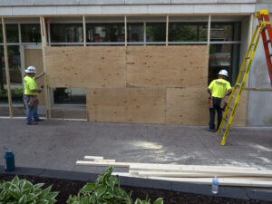 Boarded-up storefront